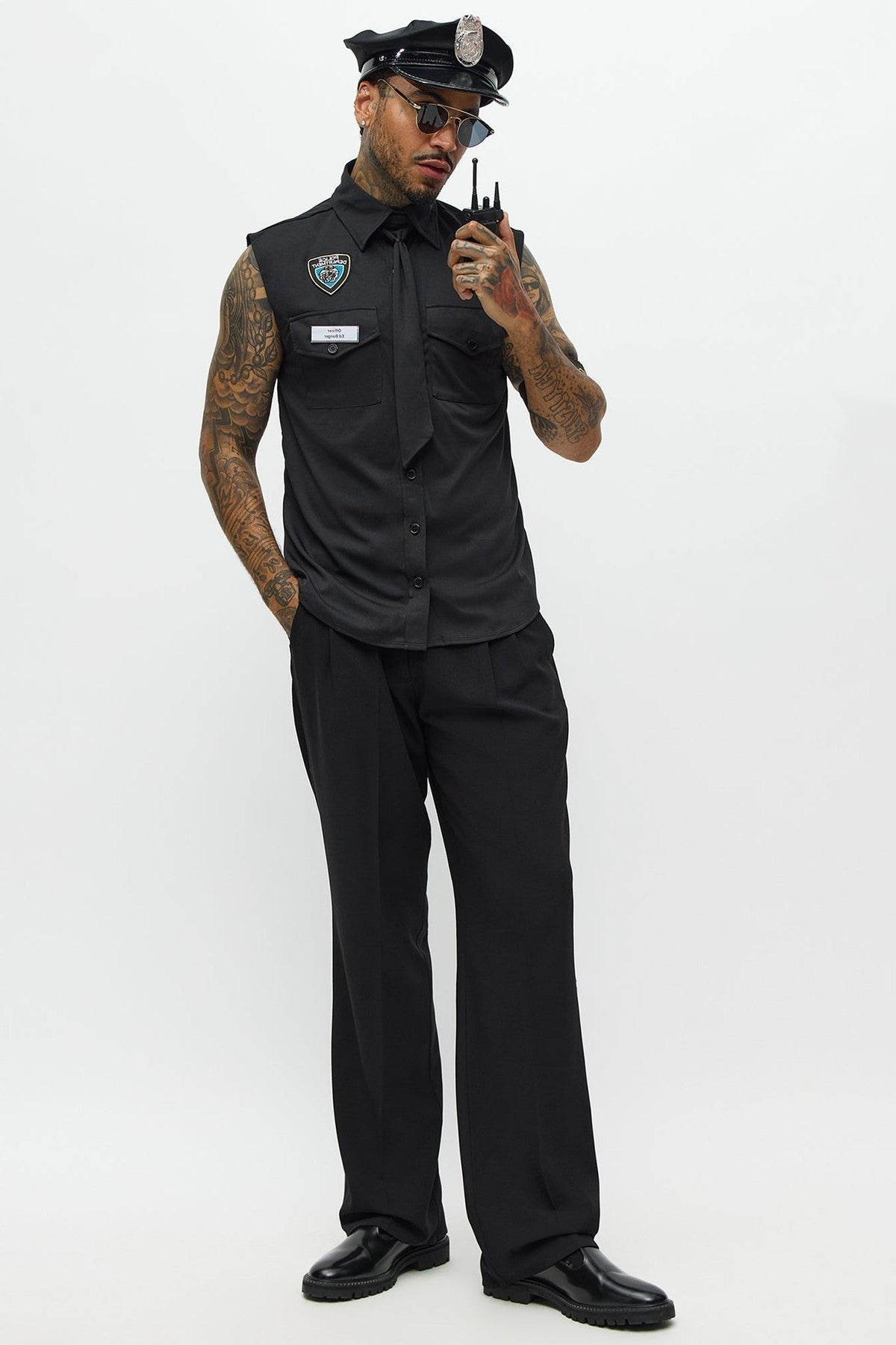 Black Uniform Costume Set with Collared Shirt and Cap