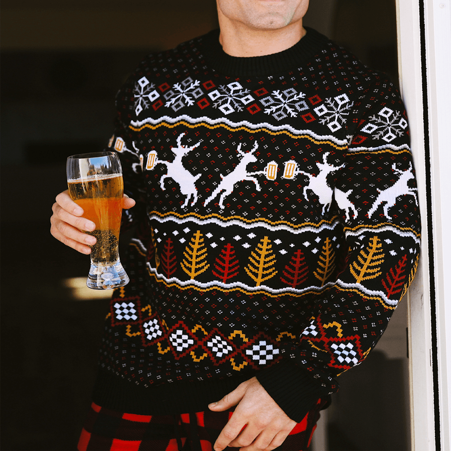 Mens Eighties Style Christmas Sweater with Reindeer, Beer Mugs, Trees, and Snowflakes