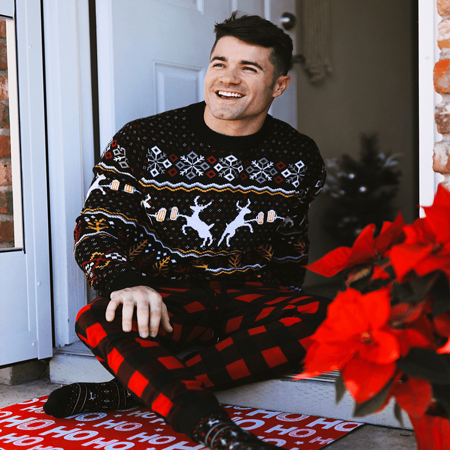 Mens Eighties Style Christmas Sweater with Reindeer, Beer Mugs, Trees, and Snowflakes