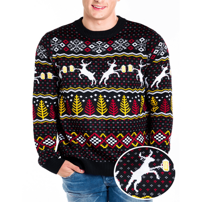 Mens Eighties Style Christmas Sweater with Reindeer, Beer Mugs, Trees, and Snowflakes
