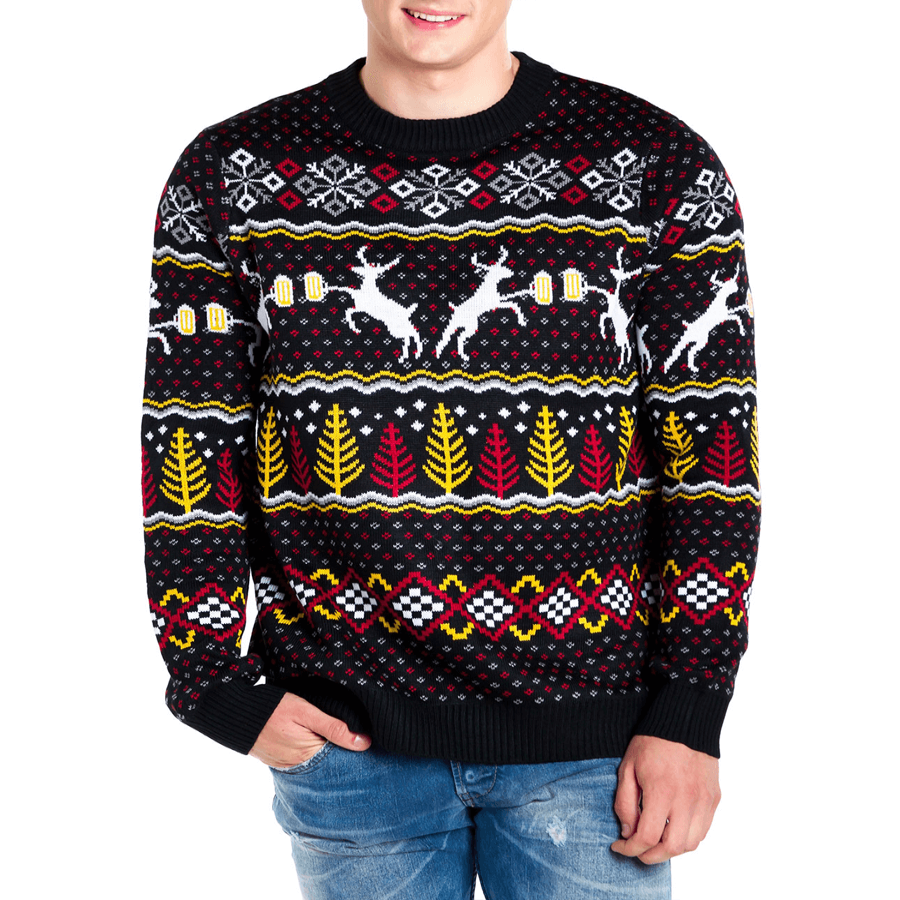 Mens Eighties Style Christmas Sweater with Reindeer, Beer Mugs, Trees, and Snowflakes
