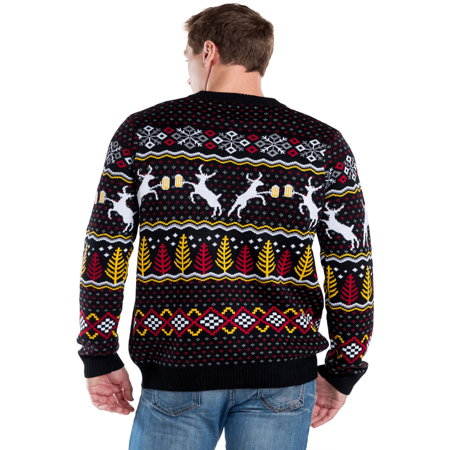 Mens Eighties Style Christmas Sweater with Reindeer, Beer Mugs, Trees, and Snowflakes