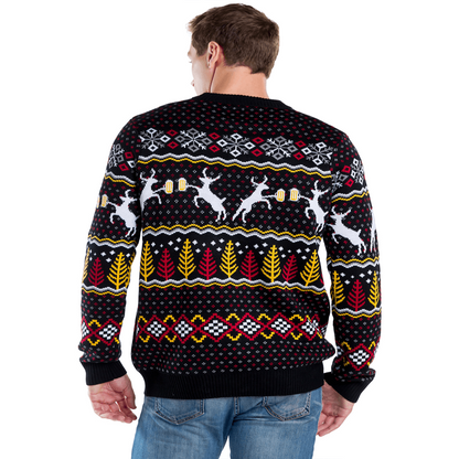 Mens Eighties Style Christmas Sweater with Reindeer, Beer Mugs, Trees, and Snowflakes