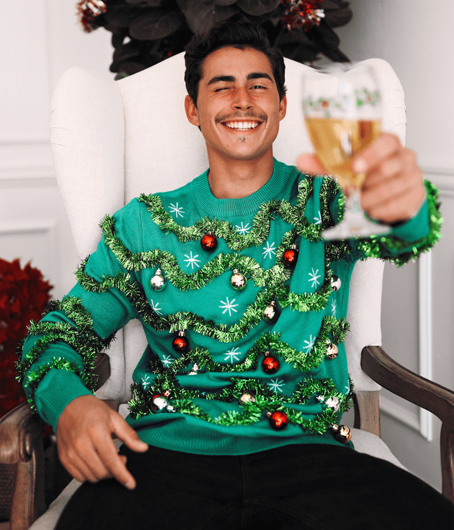 Mens Gaudy Tree Sweater Loaded with Garland, Ornaments, and Sparkling Tinsel