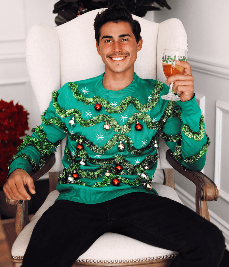 Mens Gaudy Tree Sweater Loaded with Garland, Ornaments, and Sparkling Tinsel