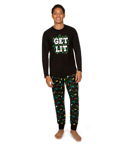 Mens Christmas Pajama Set with Get Lit Lettering and Twinkling Light Pants