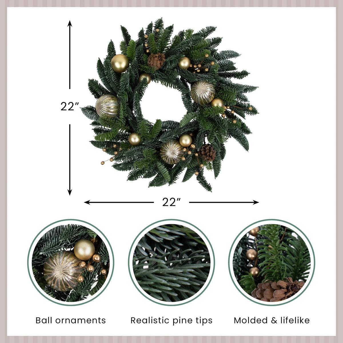 Realistic Pine Holiday Wreath with Gold Baubles and Matte Berries 22 Inch