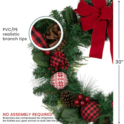 Plaid Ornament Holiday Wreath with Large Red Bow and Pine Cones 30 Inch