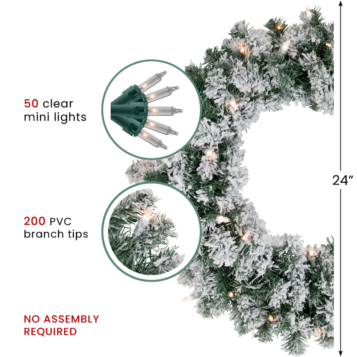 Lighted Snowy White Holiday Wreath with 200 Tips and Clear Mini Lights 24 Inch