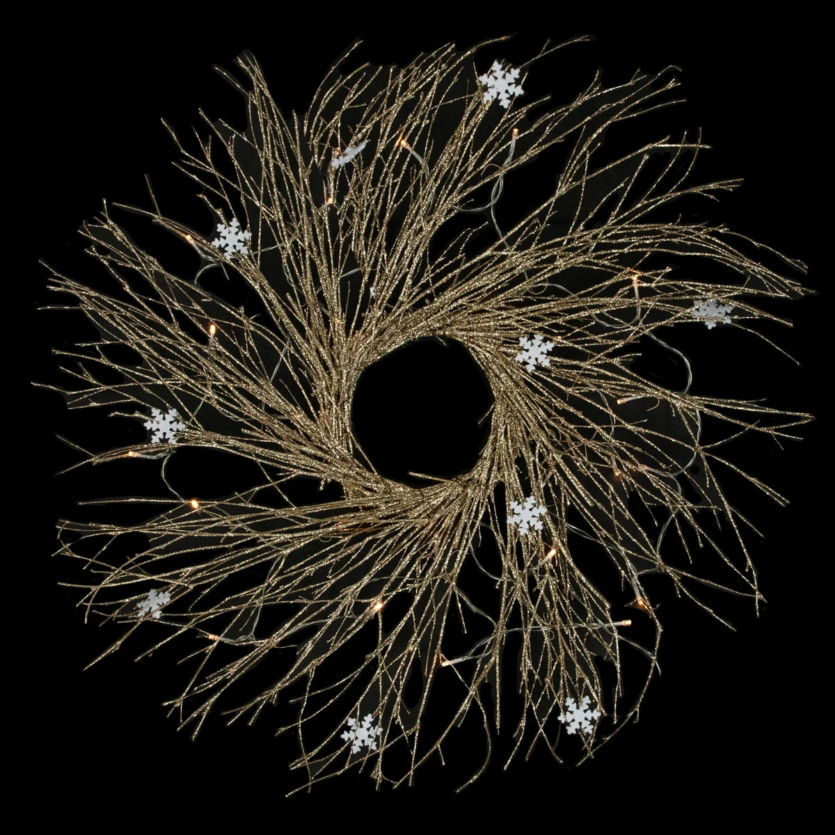 Battery Operated Gold Twig Wreath with Snowflakes and 25 LED Lights 28 Inch