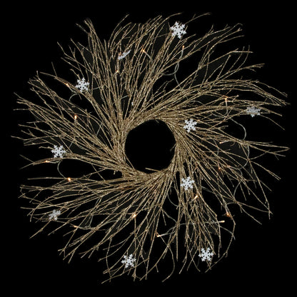Battery Operated Gold Twig Wreath with Snowflakes and 25 LED Lights 28 Inch