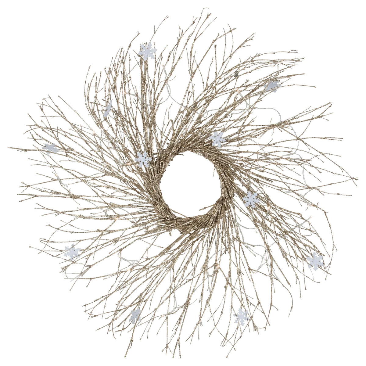 Battery Operated Gold Twig Wreath with Snowflakes and 25 LED Lights 28 Inch