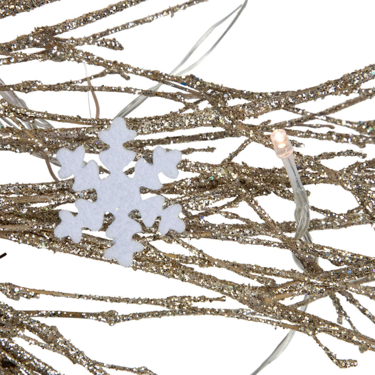 Battery Operated Gold Twig Wreath with Snowflakes and 25 LED Lights 28 Inch