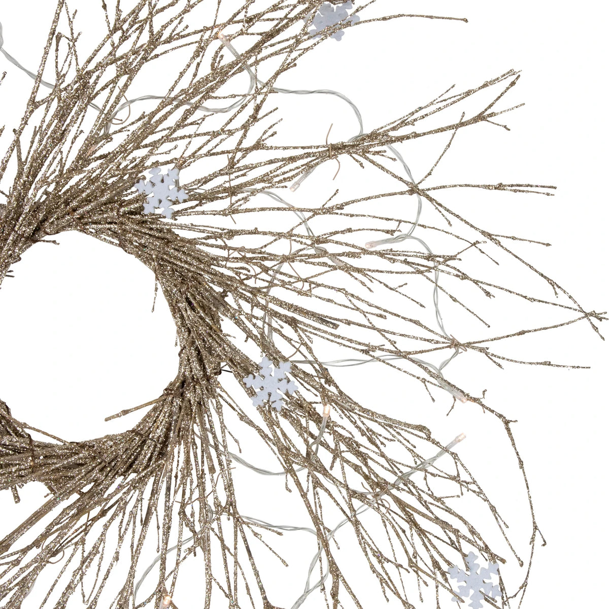 Battery Operated Gold Twig Wreath with Snowflakes and 25 LED Lights 28 Inch