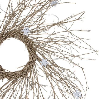 Battery Operated Gold Twig Wreath with Snowflakes and 25 LED Lights 28 Inch
