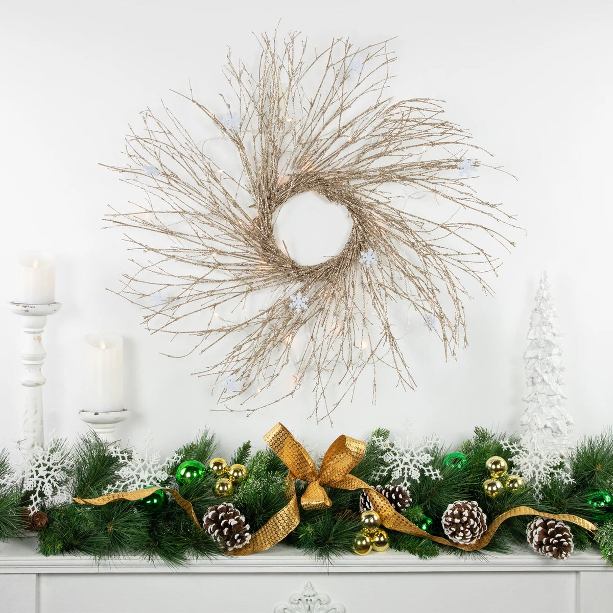 Battery Operated Gold Twig Wreath with Snowflakes and 25 LED Lights 28 Inch