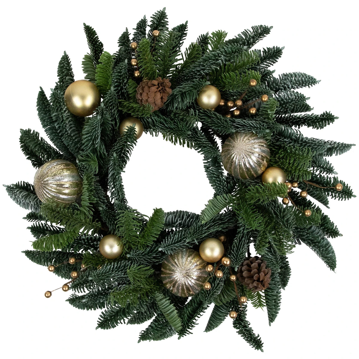 Realistic Pine Holiday Wreath with Gold Baubles and Matte Berries 22 Inch