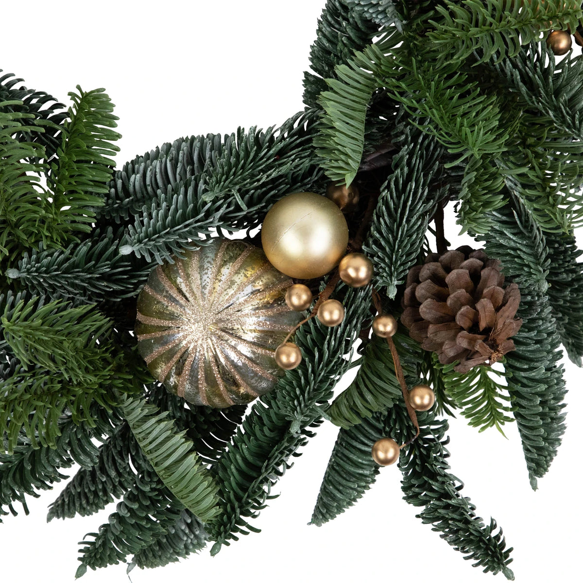 Realistic Pine Holiday Wreath with Gold Baubles and Matte Berries 22 Inch