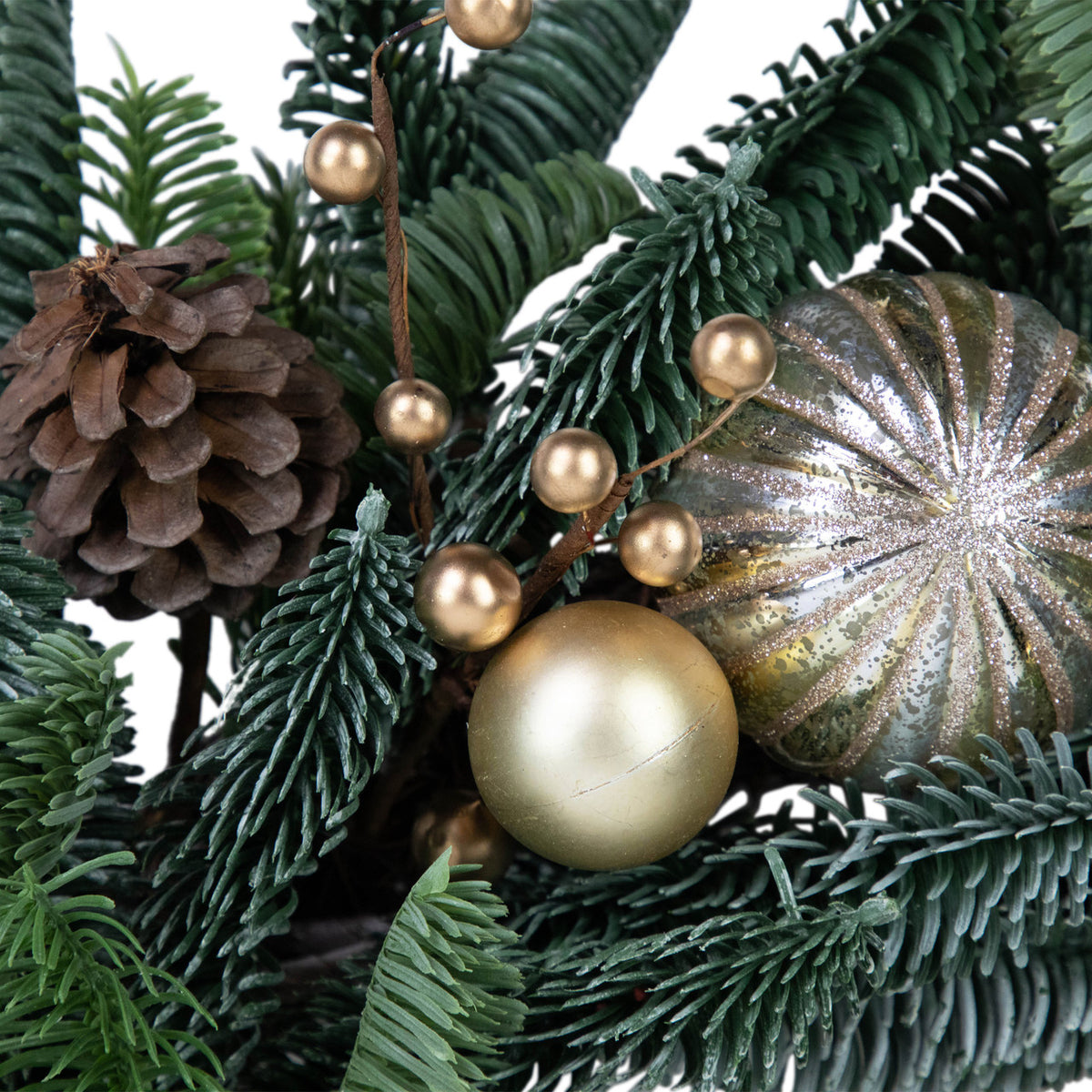 Realistic Pine Holiday Wreath with Gold Baubles and Matte Berries 22 Inch