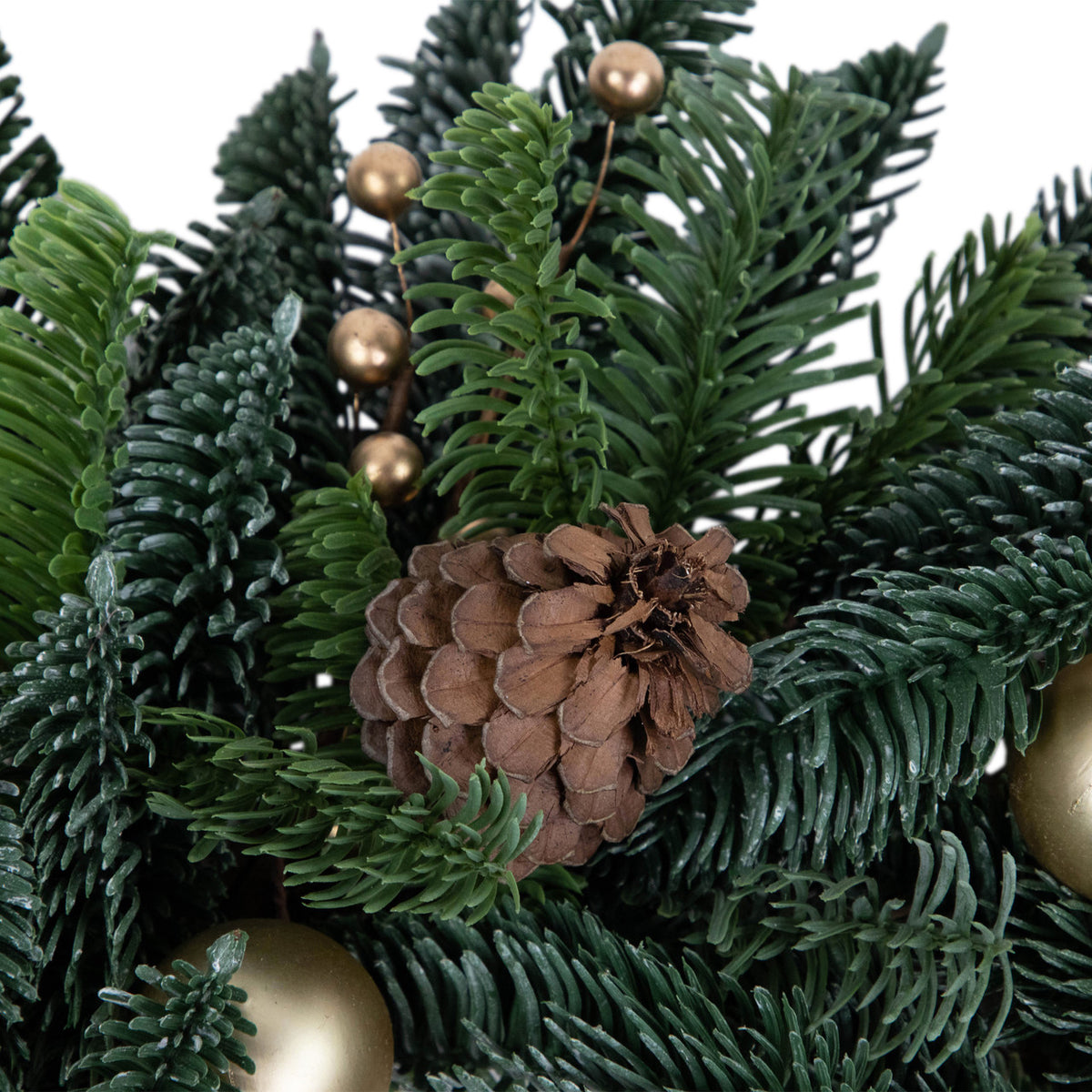 Realistic Pine Holiday Wreath with Gold Baubles and Matte Berries 22 Inch