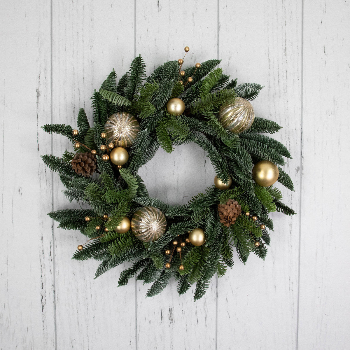 Realistic Pine Holiday Wreath with Gold Baubles and Matte Berries 22 Inch