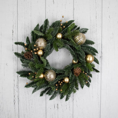 Realistic Pine Holiday Wreath with Gold Baubles and Matte Berries 22 Inch