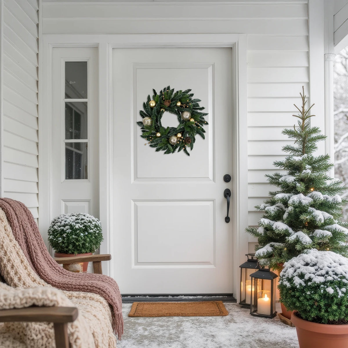 Realistic Pine Holiday Wreath with Gold Baubles and Matte Berries 22 Inch