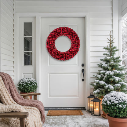 Shiny Red Berry Holiday Wreath with Glittered Foam Base 20 Inch