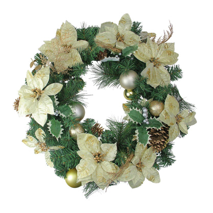 Holiday Door Wreath with Gold Balls and Poinsettias 24 Inch Unlit