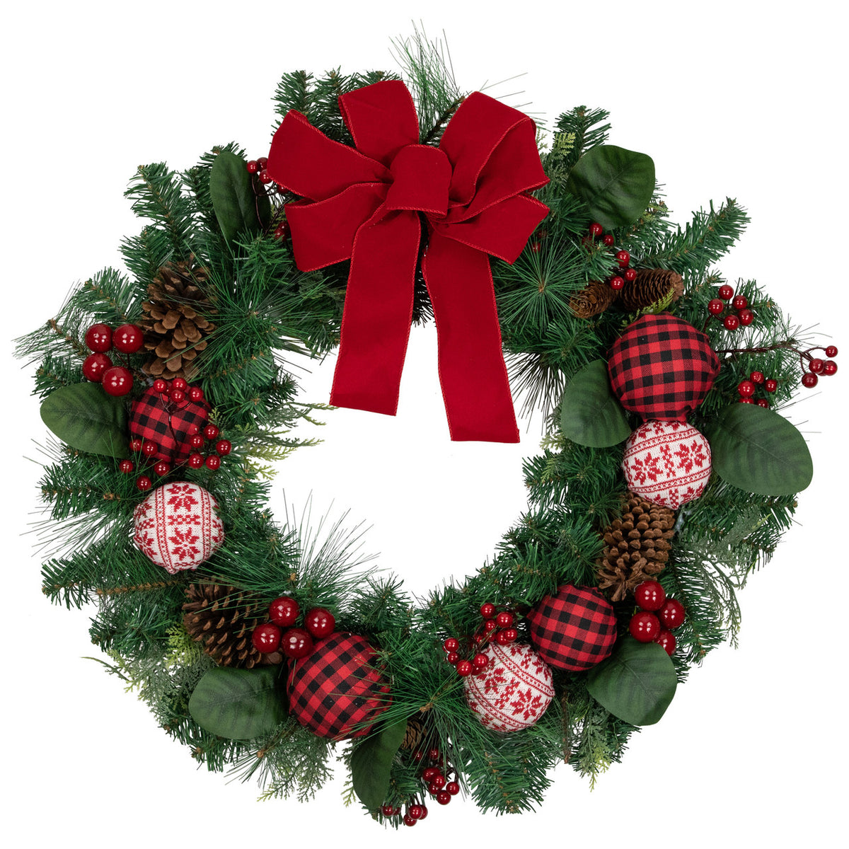 Plaid Ornament Holiday Wreath with Large Red Bow and Pine Cones 30 Inch