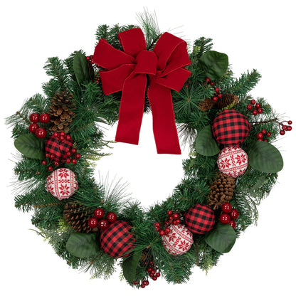 Plaid Ornament Holiday Wreath with Large Red Bow and Pine Cones 30 Inch