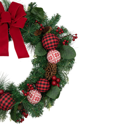 Plaid Ornament Holiday Wreath with Large Red Bow and Pine Cones 30 Inch