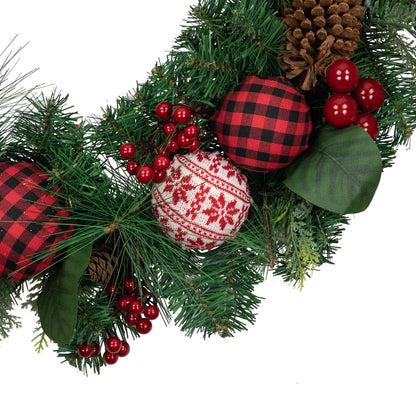 Plaid Ornament Holiday Wreath with Large Red Bow and Pine Cones 30 Inch