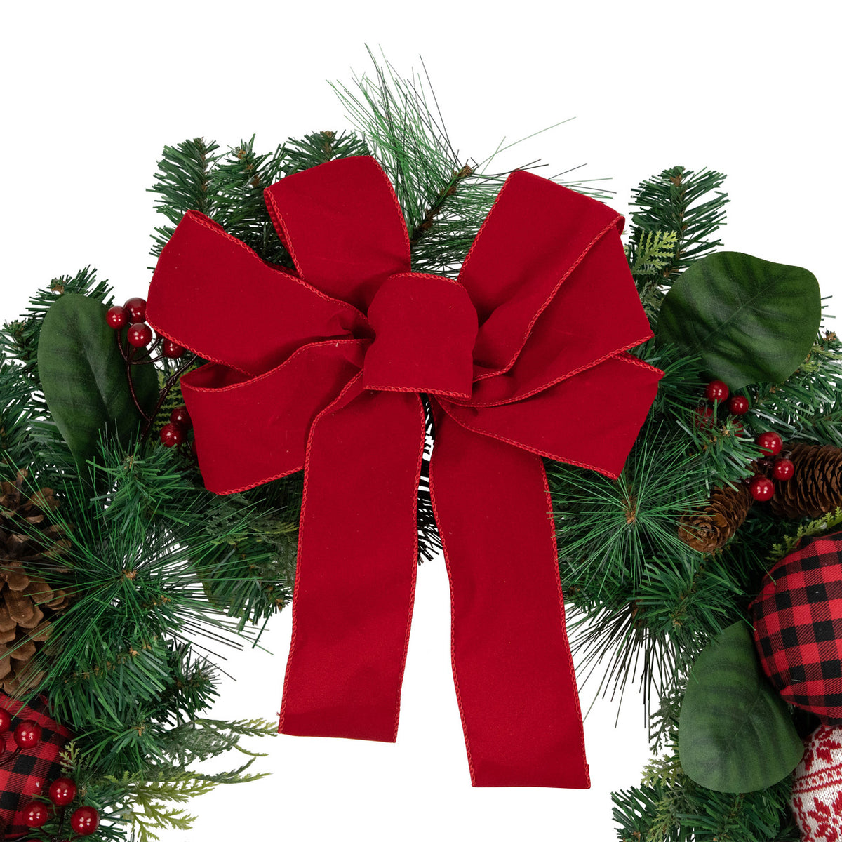 Plaid Ornament Holiday Wreath with Large Red Bow and Pine Cones 30 Inch