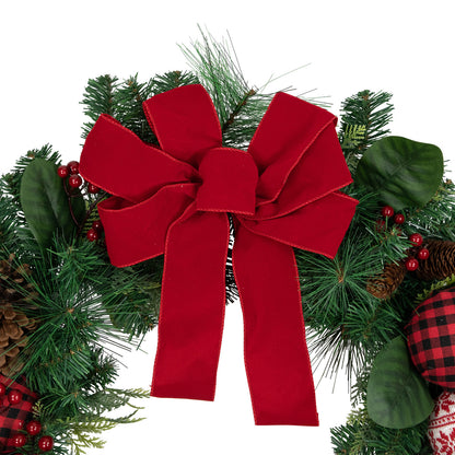 Plaid Ornament Holiday Wreath with Large Red Bow and Pine Cones 30 Inch