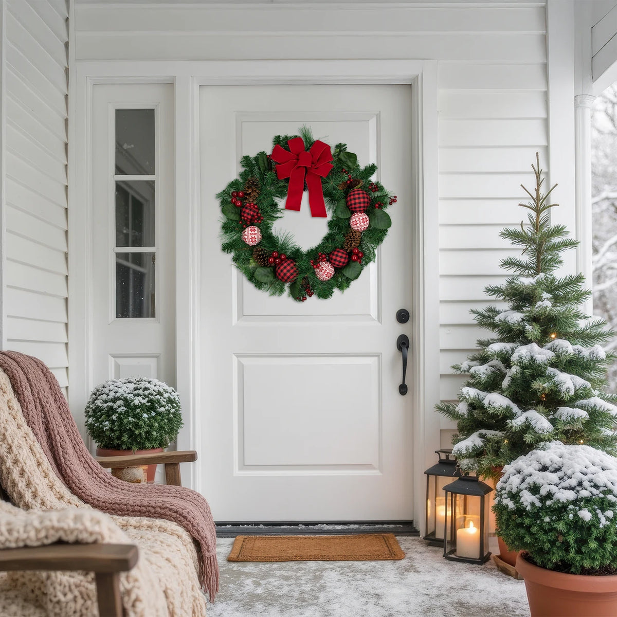 Plaid Ornament Holiday Wreath with Large Red Bow and Pine Cones 30 Inch