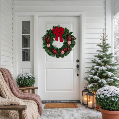 Plaid Ornament Holiday Wreath with Large Red Bow and Pine Cones 30 Inch