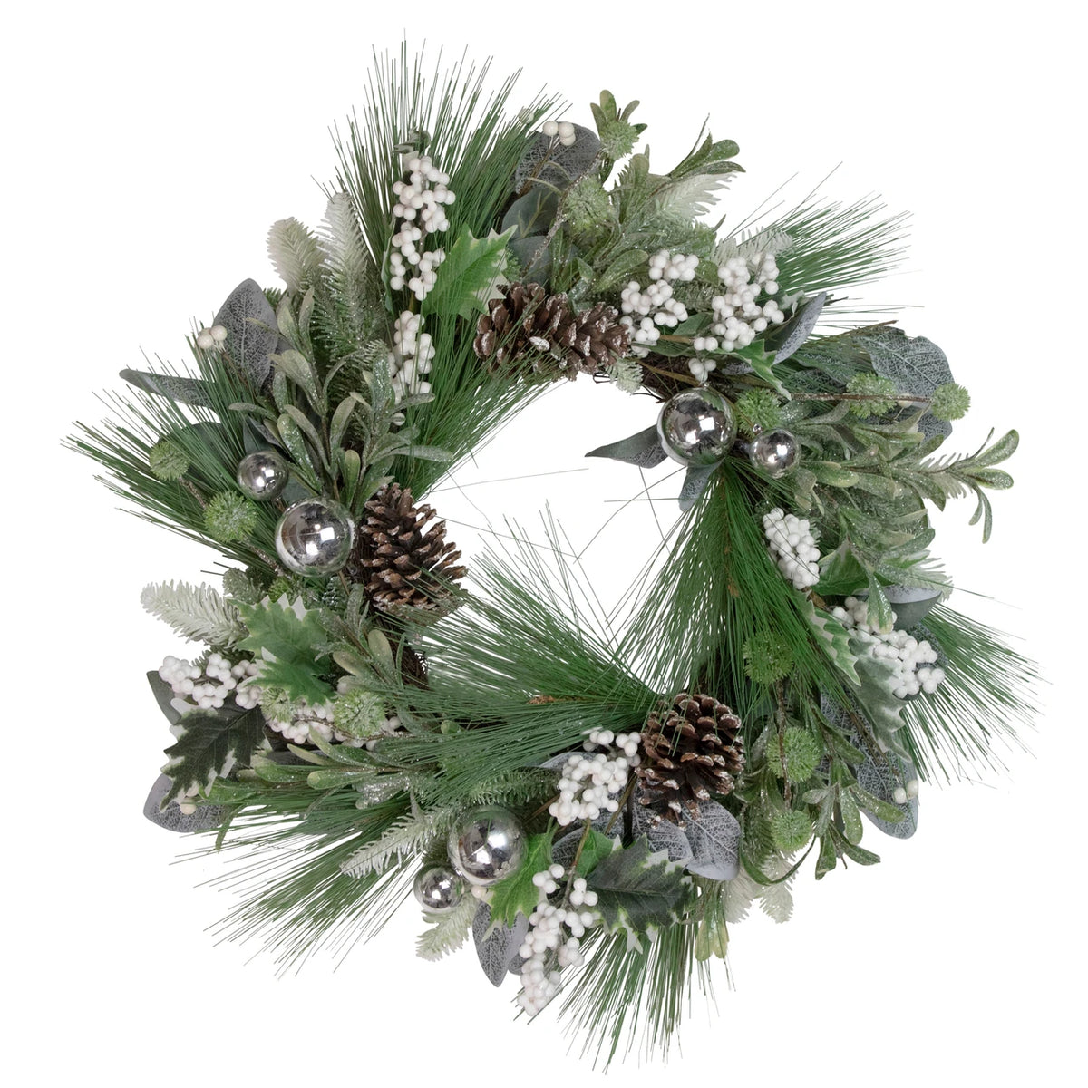 Winter Frosted Holiday Wreath with Silver Balls and Pine Cones 24 Inch Unlit