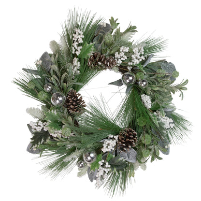 Winter Frosted Holiday Wreath with Silver Balls and Pine Cones 24 Inch Unlit