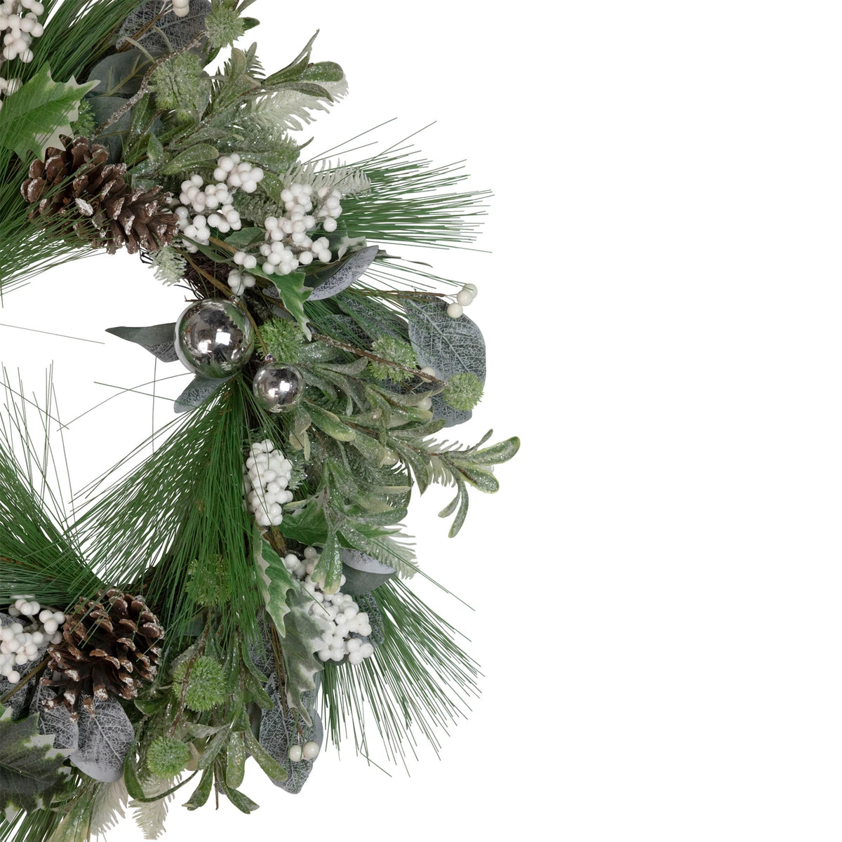Winter Frosted Holiday Wreath with Silver Balls and Pine Cones 24 Inch Unlit