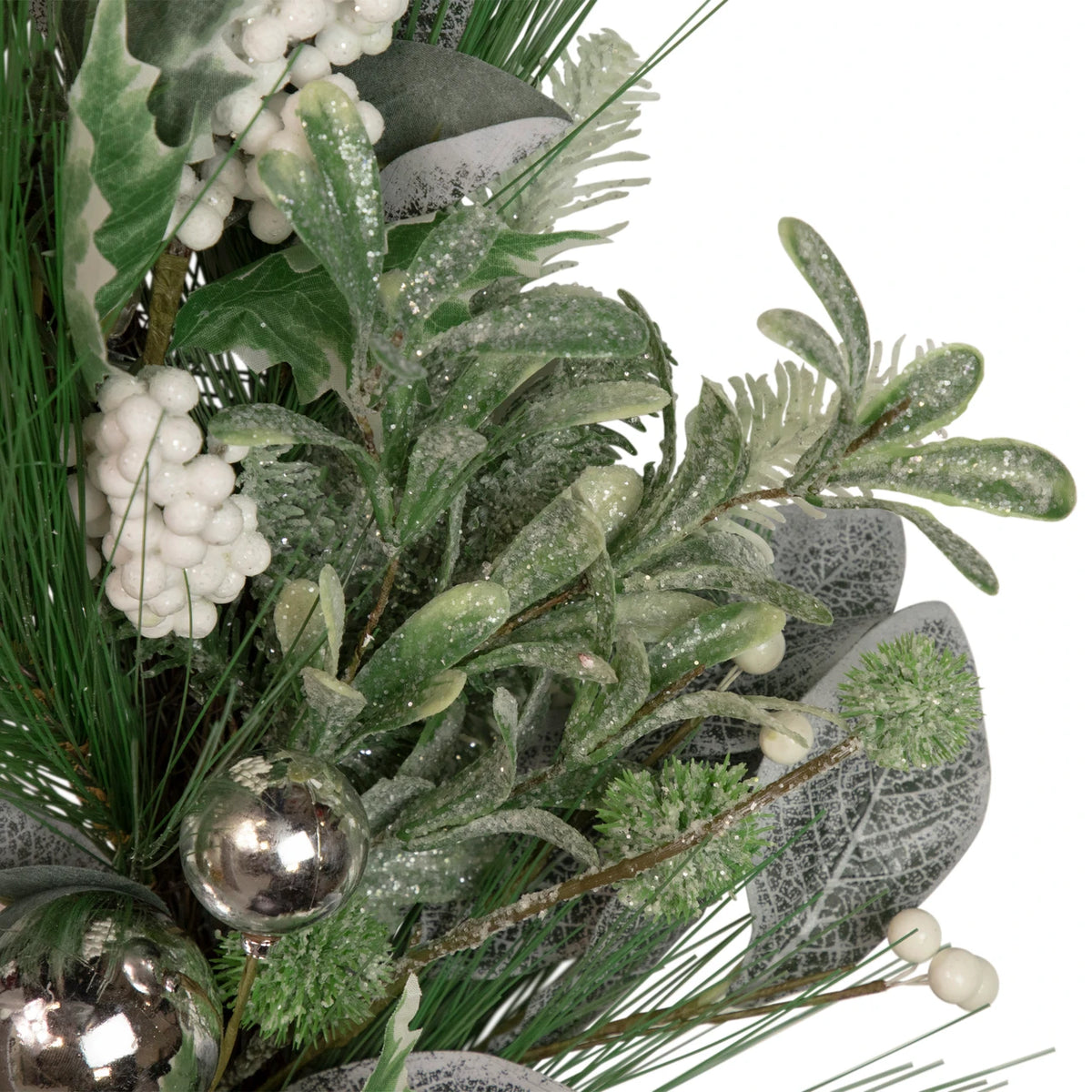 Winter Frosted Holiday Wreath with Silver Balls and Pine Cones 24 Inch Unlit