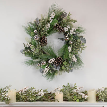 Winter Frosted Holiday Wreath with Silver Balls and Pine Cones 24 Inch Unlit