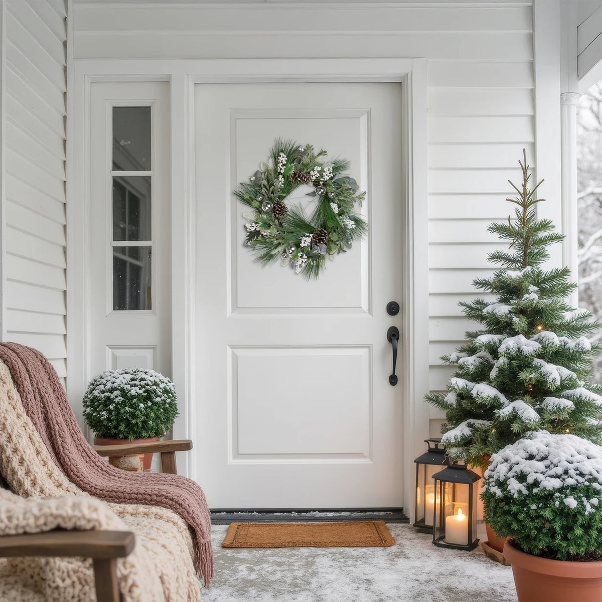 Winter Frosted Holiday Wreath with Silver Balls and Pine Cones 24 Inch Unlit