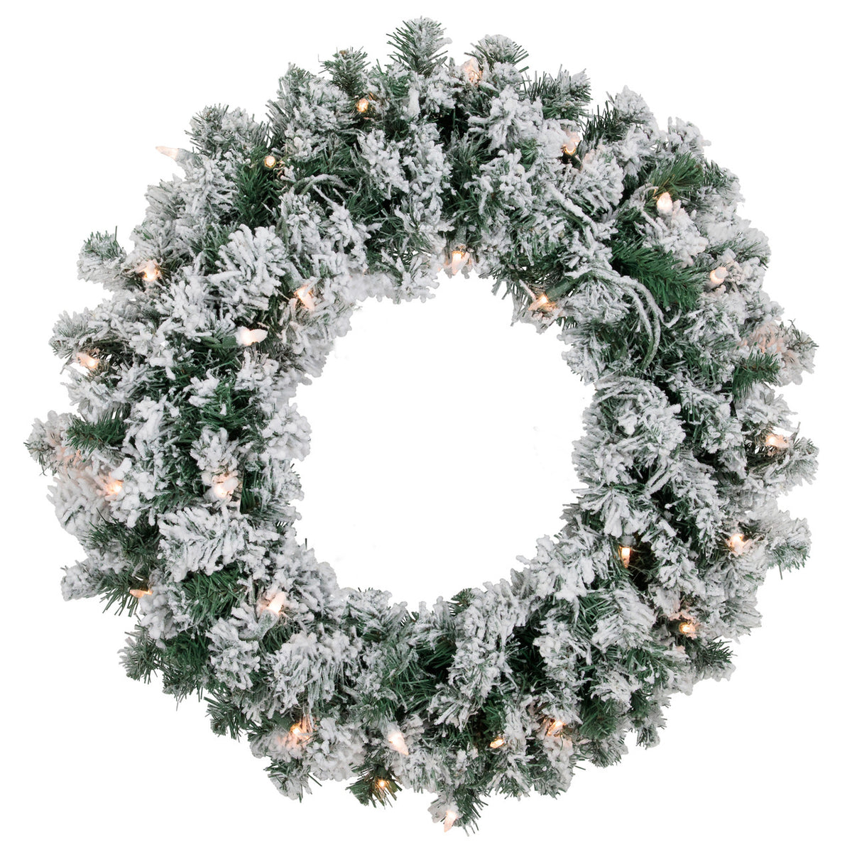 Lighted Snowy White Holiday Wreath with 200 Tips and Clear Mini Lights 24 Inch