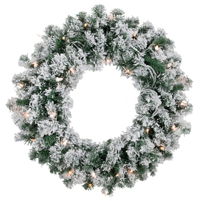 Lighted Snowy White Holiday Wreath with 200 Tips and Clear Mini Lights 24 Inch
