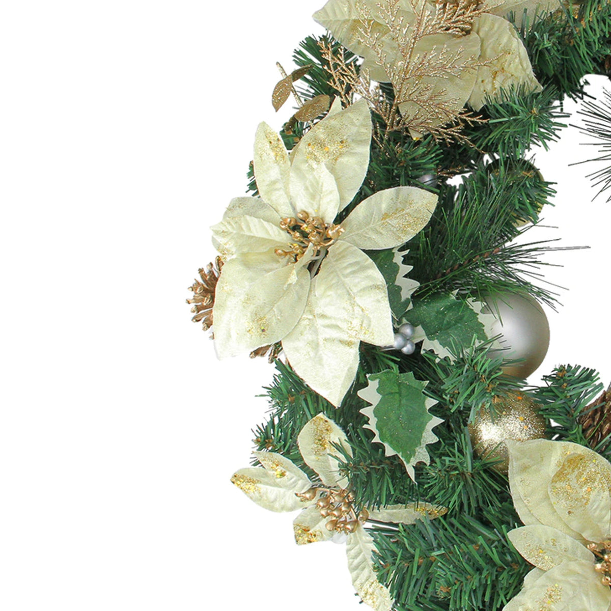 Holiday Door Wreath with Gold Balls and Poinsettias 24 Inch Unlit