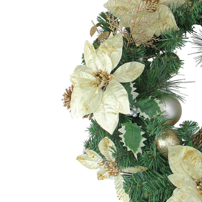 Holiday Door Wreath with Gold Balls and Poinsettias 24 Inch Unlit