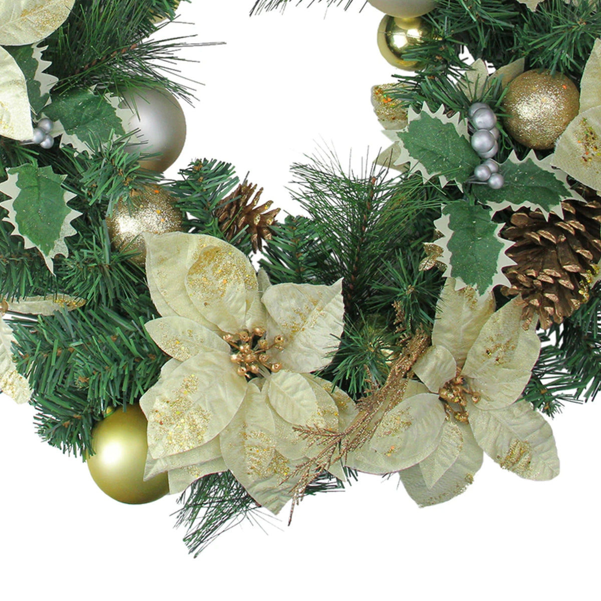 Holiday Door Wreath with Gold Balls and Poinsettias 24 Inch Unlit