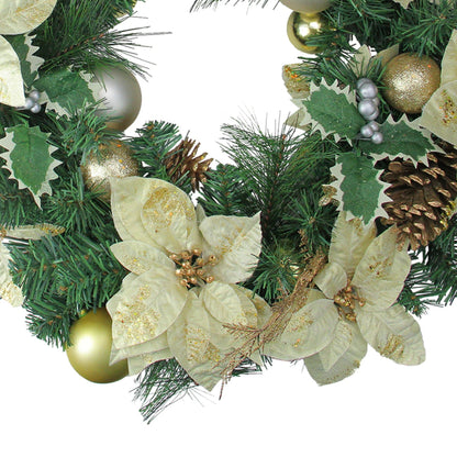 Holiday Door Wreath with Gold Balls and Poinsettias 24 Inch Unlit