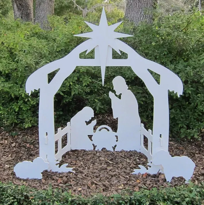 Yard Nativity Scene Made of Four Ultra Thick PVC Pieces with a Stable, Mary, Joseph and Baby Jesus